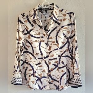 Foxcroft Equestrian Print Button-Down Shirt. Sz. 10P Coastal Cowgirl. Like New.